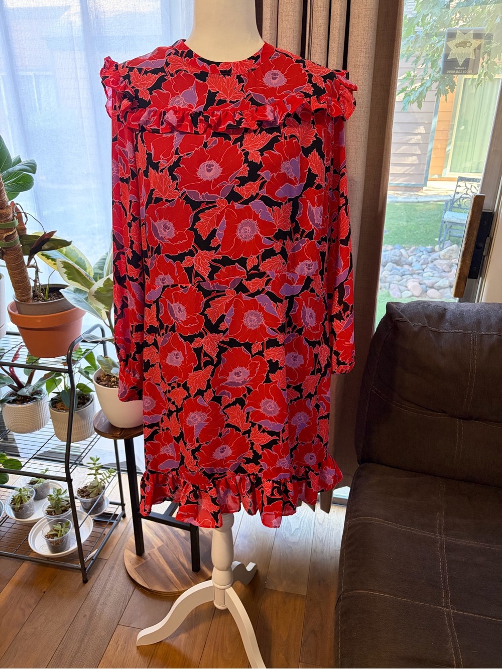 Who What Wear Red and Purple Floral Ruffle-Hem Dress